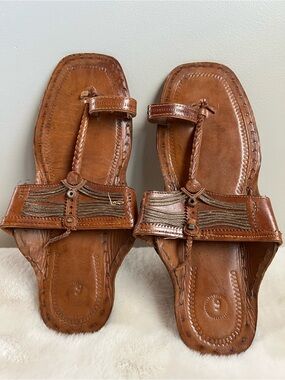 Vintage Brown Leather Toe Ring Sandals Metallic Woven Boho Artisan Hippie Size 9